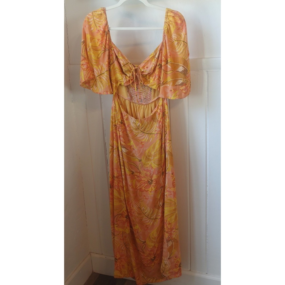 Olivaceous Dress Medium Orange Pink Tropical Print Cutout Boho Rayon Flowy Maxi